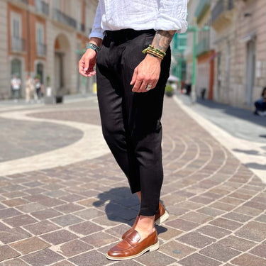 Pantalone con bottone di lino Nero - FLAG STORE